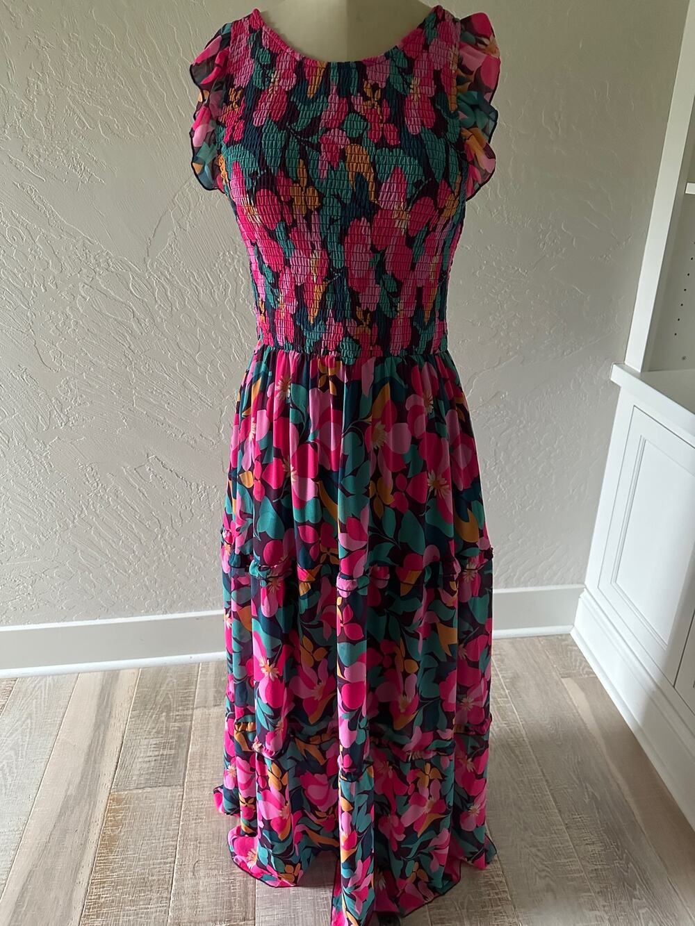 MELLODAY | Womens Colorful Midi Ruffled Tiered Smocked Bodice Dress Small Boho